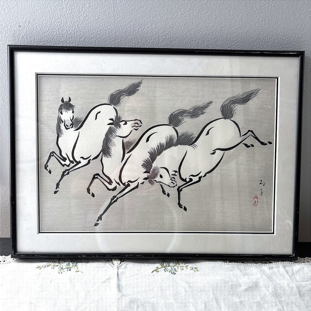 Vintage Japanese Silk Painting Galloping Horses Sumi-e Ink Wash Framed Art Seal